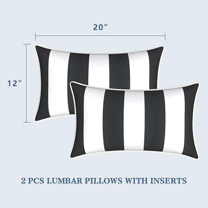 LVTXIII Set of 2 Outdoor Lumbar Pillows for Patio Furniture with White Piping, 12"x20" Fade Resistant Patio Lumbar Pillows with Inserts for Home Coach Sofa Use, Cabana Black
