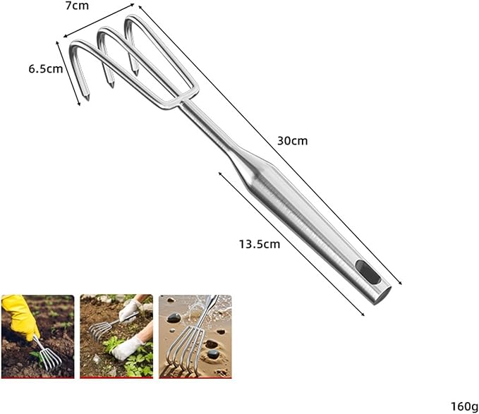 Hand Rake Stainless Steel Heavy Duty Garden Rake Weeding Tool Ergonomic Claw Rake Soil Tiller Portable Planting Rake Suitable for Flower Beds Yard Wor , 3 Tine