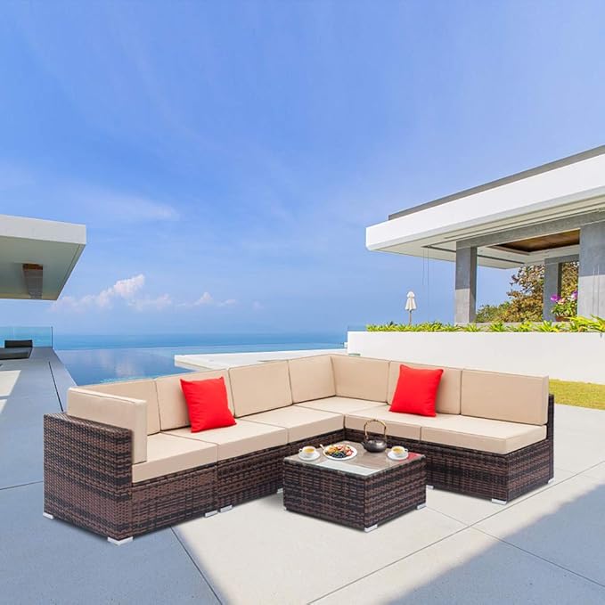 7-Piece Patio Furniture Set Outdoor Rattan Sofa Set Patio Conversation Set with Removable Cushions and Glass Coffee Table,Outdoor Sectional Furniture Patio Sofa Gazebo Set