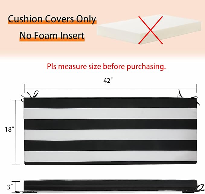 Magpie Fabrics Patio Bench Cushion Cover 42x18x3 Inch, NO Insert! Water&Fade Resistant Outdoor Loveseat Replacement Cover with Zipper (Black White)
