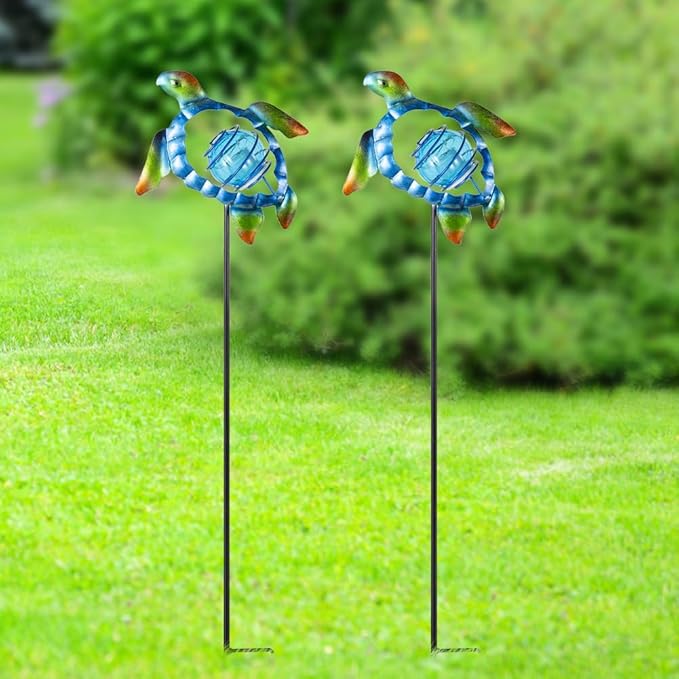 Solar Garden Lights Outdoor 2 Pack,Metal Decorative Stake Solar Lights Blue Sea Turtle Decor for Garden,Pathway,Lawn,Patio,Yard