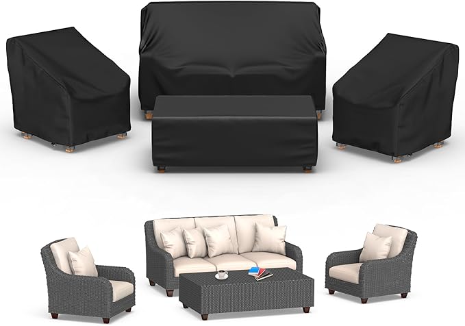 Mrrihand Patio Furniture Covers, 4 Piece Outdoor Furniture Cover Waterproof includ Ourdoor Sofa Cover, 2 Chair Covers, Coffee Table Cover with Windproof Buckle Strap and Adjustable Drawstring-Black