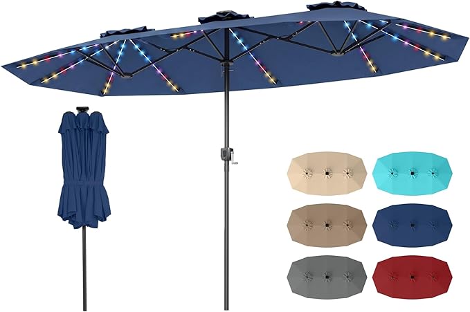Tangkula 13 Ft Solar Patio Umbrella, Double-Sided Extra Large Outdoor Market Table Umbrella with Multi-Colored Flowing LED Lights, Crank Handle, 12 Sturdy Ribs for Poolside, Garden & Backyard (Navy)