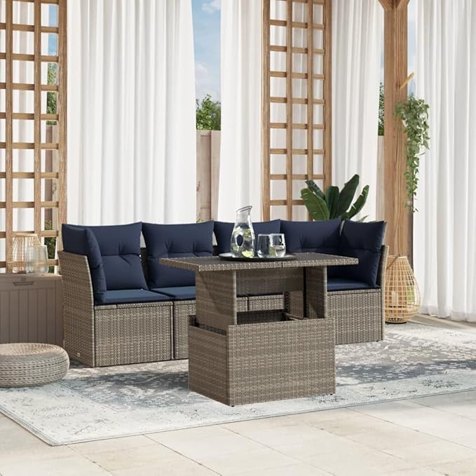 vidaXL Patio Sofa Set with Cushions 5 Piece, Conversation Set with Table and Sectional Sofas, Outdoor Seat for Garden, Modern, Gray Poly Rattan