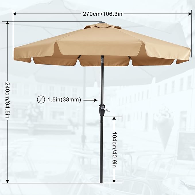 MASTERCANOPY 9ft Patio Umbrella with Valance, Crank and Tilt – 8 Ribs Outdoor Market Umbrella, UV/Fade Resistant, Waterproof Canopy with Wind Vent for Garden, Deck, Backyard, Pool (Khaki)