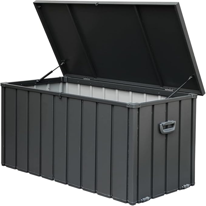 ChicFurnit Outdoor Storage Box, 200 Gallon Deck Box with Lockable Metal Lid & Portable Side Handles, Outdoor Storage Bin with Stable Support Rod, Soft Close Mechanism & Mobility Rollers, Dark Gray