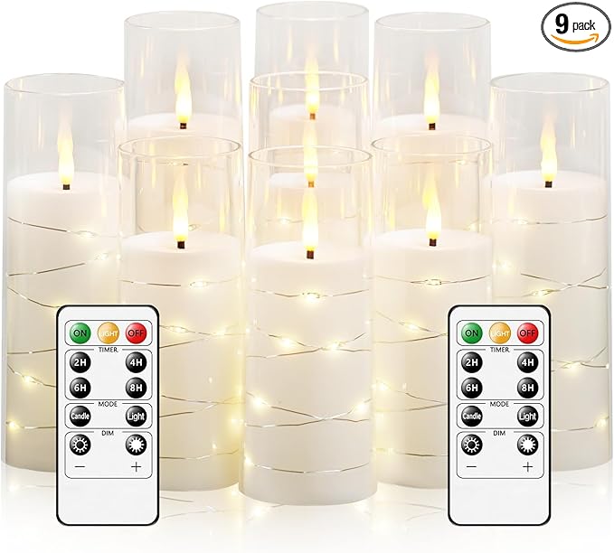 kakoya Flameless LED Candles with Timer 9 Pc Flickering Flameless Candles for Romantic Ambiance and Home Decoration Stable Acrylic Shell,with Embedded Star String，Battery Operated Candles（White）