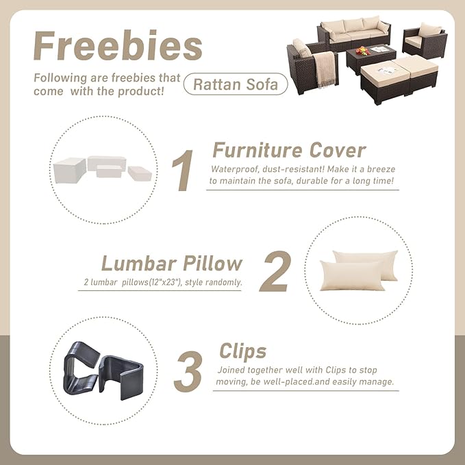6 Pieces Patio Outdoor Furniture Outdoor Conversation Sets Wicker Sofa Set with Outdoor Couch Patio Chairs Storage Coffee Table Khaki Cushions Waterproof Covers