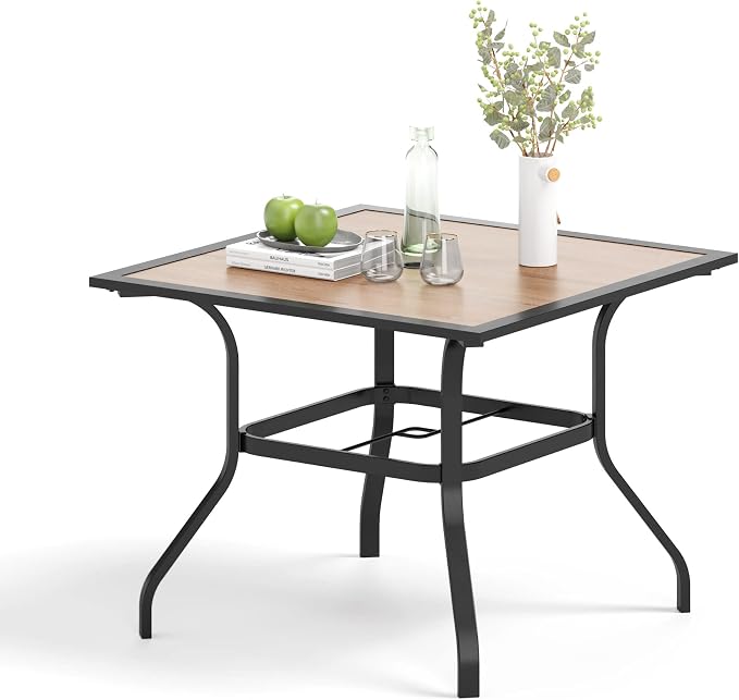 MIXPATIO Outdoor Patio Square Dining Table, 37"x 37" Wood-Like Tabletop with Adjustable Umbrella Hole and Faux Wood Tabletop, All Weather Wrought Iron Black Outdoor Table for Deck Lawn Backyard