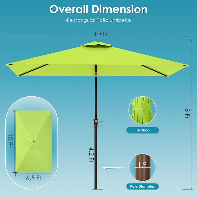 GREENVINES 6.5X10 FT Rectangular-Patio-Umbrella | Outdoor-Table-Umbrellas | 6 Sturdy Steel Ribs | Push Button Tilt & Crank | Waterproof | Market Umbrella | for Pool Backyard Garden Deck | Apple Green