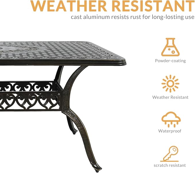 7-Piece Outdoor Patio Dining Set, 60” Rectangular Cast Aluminum Dining Table with Umbrella Hole and 4 Stationary, 2 Swivel Rocker Chairs, 6 Cushioned, Backyard, Patio, Garden, Blue