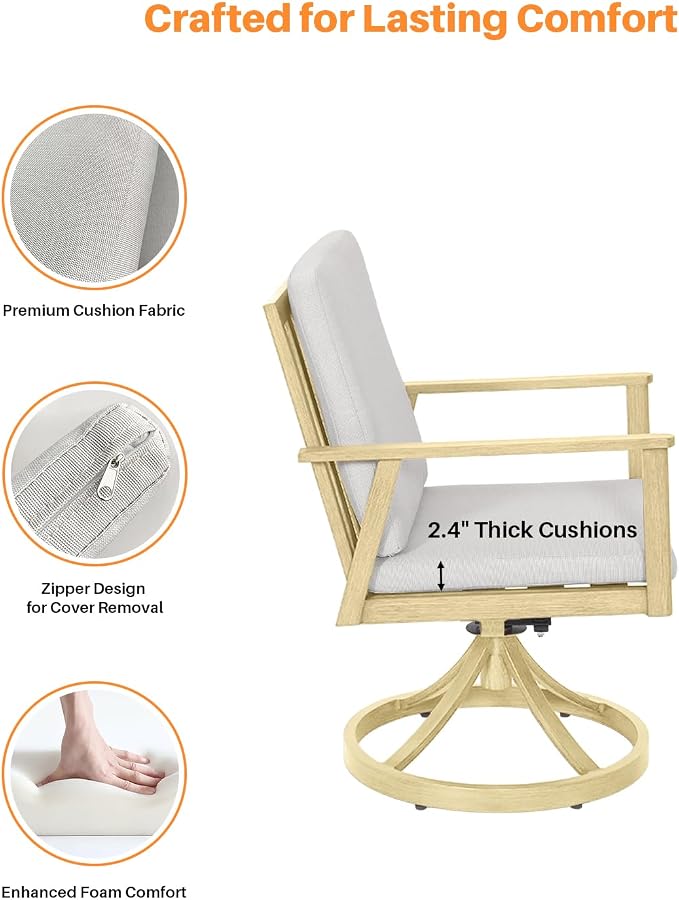 Patio Dining Set of 2, Never-Rust Aluminum Outdoor Swivel Patio Dining Chairs Patio Swivel Chairs with Cushions, Patio Dining Furniture Chairs for Decks, Garden, Poolside, Maple Wood