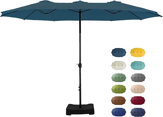 GREEN PARTY 15 ft Rectangular Patio Umbrella with Base Included, Large Double-Sided Outdoor Table Umbrella with Crank, 1.9" Pole UPF 50+ UV Resistant for Pool Deck Backyard Garden, Cerulean