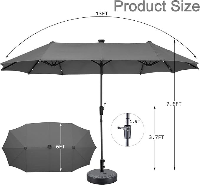 13 ft Patio Umbrella with 36 LED Lights, Large Rectangle Outdoor Solar Umbrella with Matching Base, Strap, Crank, Grey