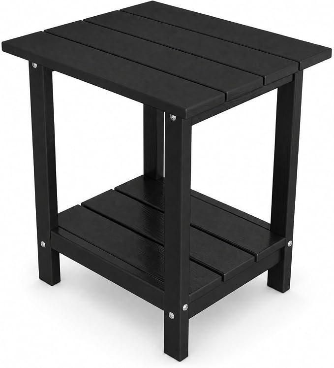 Outdoor Side Table with Storage Shelf, 2-Tier Patio Side Table, HDPE All Weather Outdoor End Tables for Adirondack Chair, Small Patio End Table for Deck Backyard Porch Lawn Poolside, Black