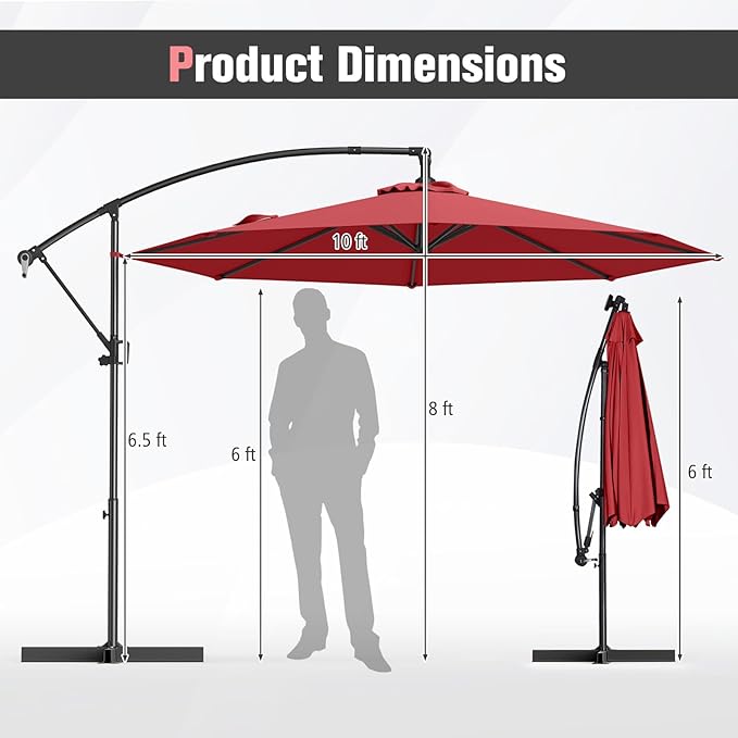 Tangkula 10 FT Patio Offset Umbrella, Hanging Cantilever Umbrella w/X-shaped Base & 360° Rotation, Smooth Crank Handle, Vented Top, Outdoor Market Umbrella for Backyard, Deck (Red)