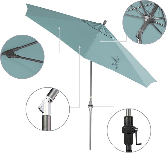 California Umbrella 9' Rd. Crank Lift, Collar Tilt, Aluminum Pole, Fiberglass Rib Patio Umbrella, Hammertone Grey Finish, Sunbrella Aruba