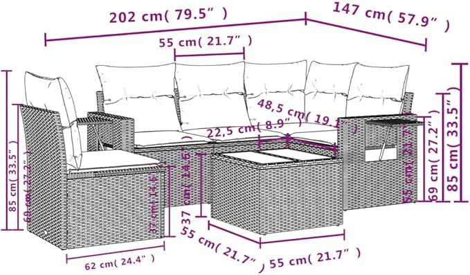 vidaXL Patio Sofa Set with Cushions 6 Piece, Outdoor Conversation Set, Patio Sectional Sofa for Balcony Garden, Modern Style, Gray Poly Rattan