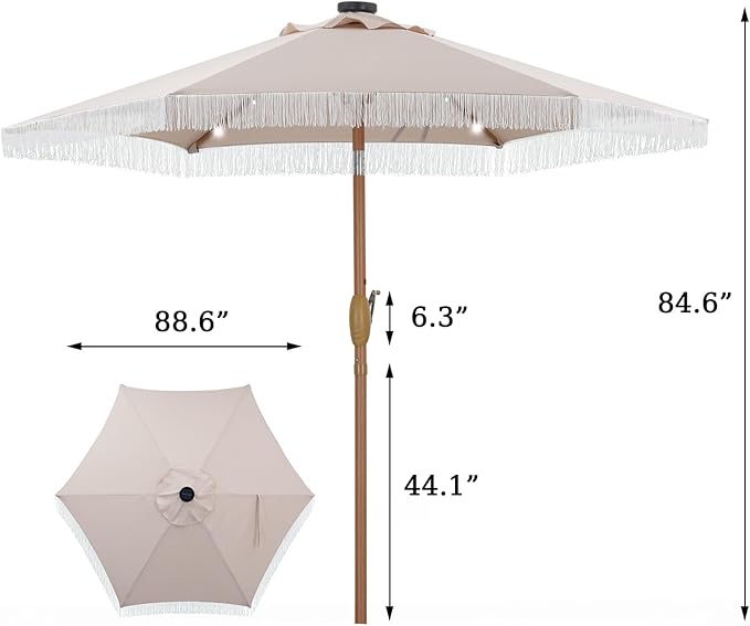 GDY 7.5 ft Fringe Patio Umbrella with 18 LED Solar Lights ，Stylish Fringe Decor for Graden, Pool, Beach, Deck, Khaki