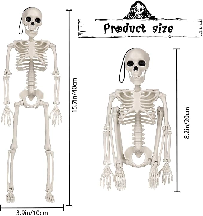 XIMISHOP 8pcs Posable Halloween Hanging Skeleton Decoration, 16" Full Body Skeleton With Movable Joints for Graveyard Haunted House Decor Indoor Outdoor