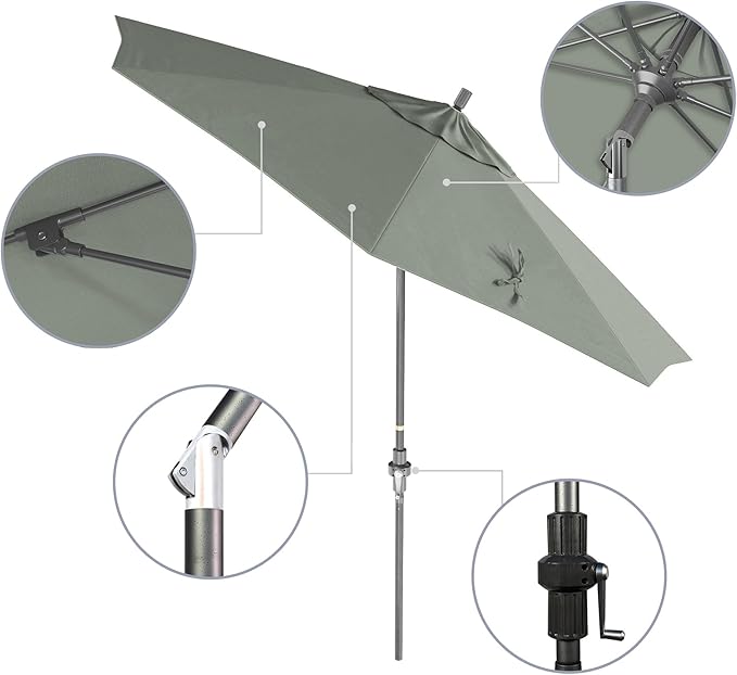 California Umbrella 9' Rd. Crank Lift, Collar Tilt, Aluminum Pole, Fiberglass Rib Patio Umbrella, Hammertone Grey Finish, Sunbrella Spa
