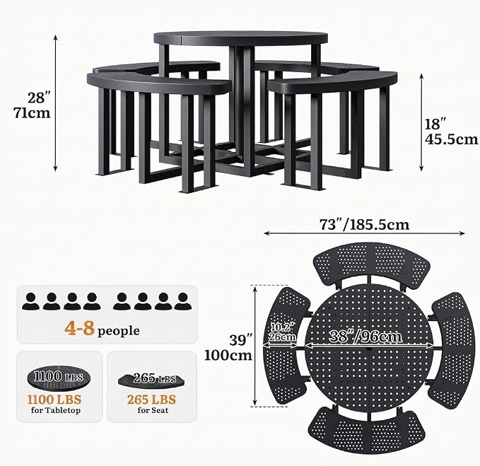 DWVO 38" Round Metal Picnic Table with Umbrella Hole - Heavy Duty Q235 Carbon Steel Outdoor Table Set for Patio, Backyard, and Lawn - Industrial Steel Construction
