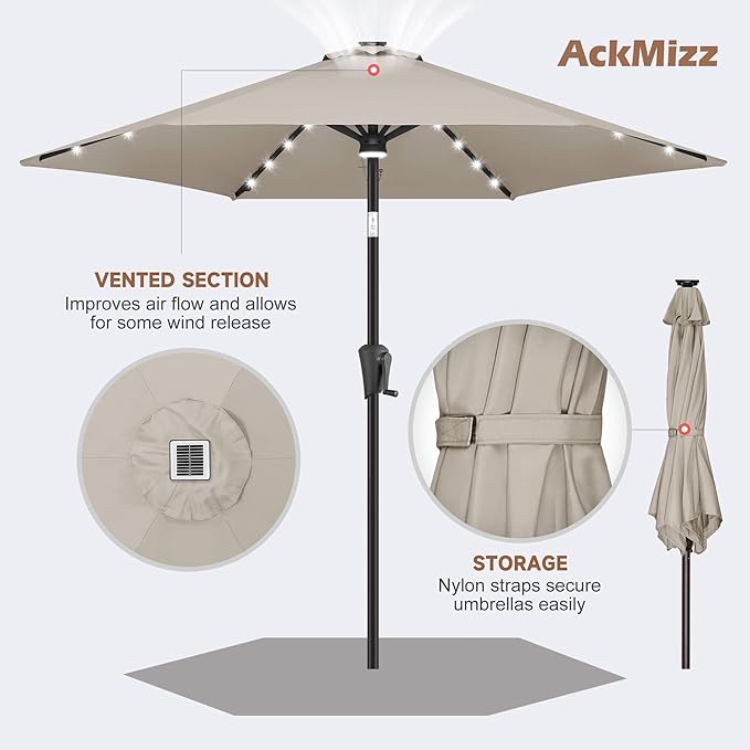10ft Solar Patio Umbrella - Outdoor Umbrella with Centre Surround Light 24 LED Lights, Market Table Umbrella with Tilt for Pool, Porch, Garden, Deck, Backyard UV Protection (Taupe)