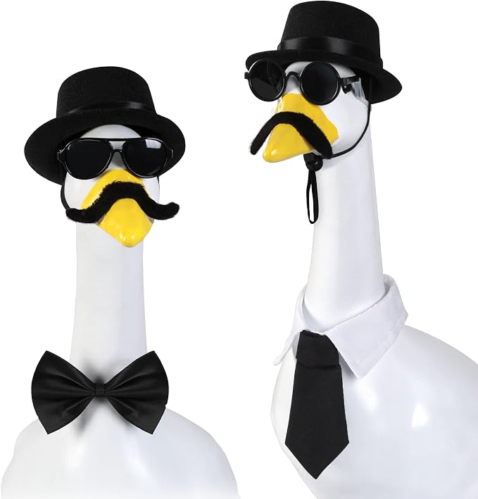Porch Goose Statue 7pc Accessory Combination Set, Gentleman Goose Accessories Kit with Top Hat Bow Tie Sunglasses Strap for 23 Inch Goose, Black Formal Style Yard Decor (Black Formal 7PC)