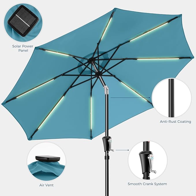 HOMSHADE 9ft Solar Patio Umbrella - Solar Lights LED Lighted UPF50+ UV Protection Umbrella, Outdoor Market Table Umbrella with Push Button Tilt, Crank for Pool Deck and Garden (Light Blue)