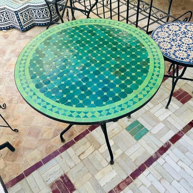 Amazing Mosaic Table, Round Green Zellij Tile Top, Handmade Patio Bistro Table, Mediterranean Garden Furniture, Outdoor Decor