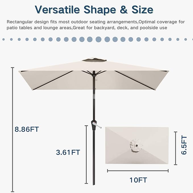 6.5'x10' Rectangular Patio Outdoor Umbrella,Large Coverage with Push-Button Tilt & UV Protection,Sturdy Ribs for Deck,Lawn,Pool,Backyard
