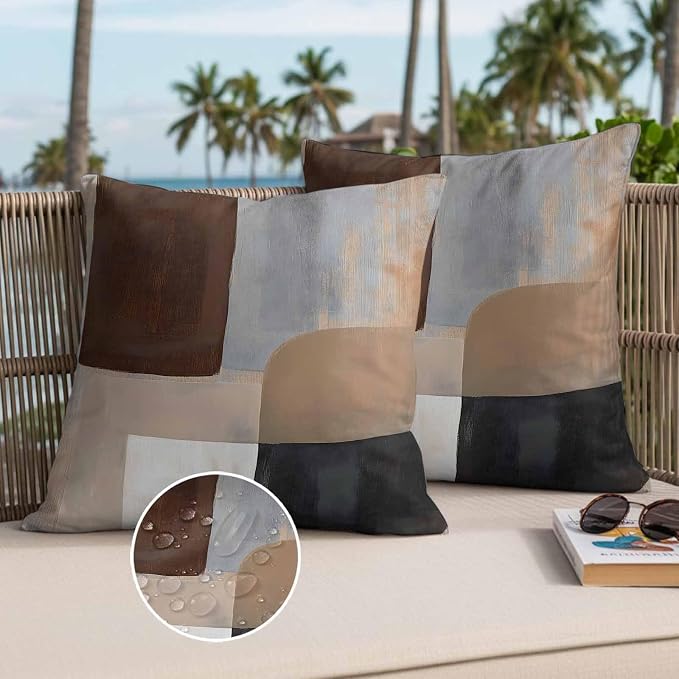 Abstract Ombre Brown Black White Outdoor Waterproof Throw Pillow Covers Set of 2, 18"x18", Modern Art Gradient Decorative Pillow Covers Outside Cushion Case for Patio Porch Garden