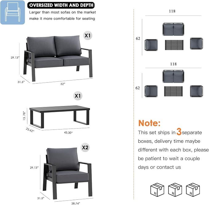Aluminum Outdoor Patio Furniture Set, 4 Piece Sectional Coversation Sets with Coffee Table, Modern Outdoor Sofa Couch with Thick Cushions for Porch, Balcony, Garden, Dark Gray