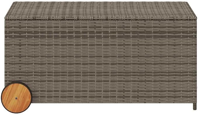 Large 50.4 Gallon Garden Storage Box with Wheels, Grey PE Rattan Woven Outdoor Patio Storage for Cushions and Blankets