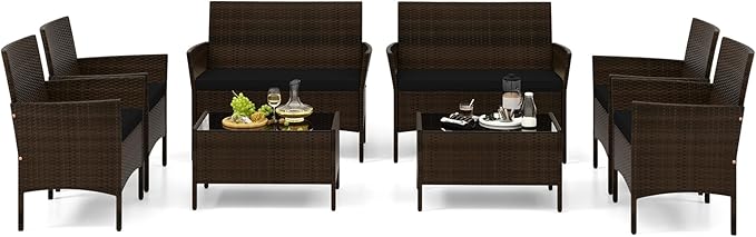 Tangkula 8 Piece Patio Rattan Conversation Set, Outdoor Wicker Furniture Set with Chair, Loveseat & Tempered Glass Table, Cozy Seat Cushions, Outside Sectional Sofa Set for Backyard, Porch (1,Black)
