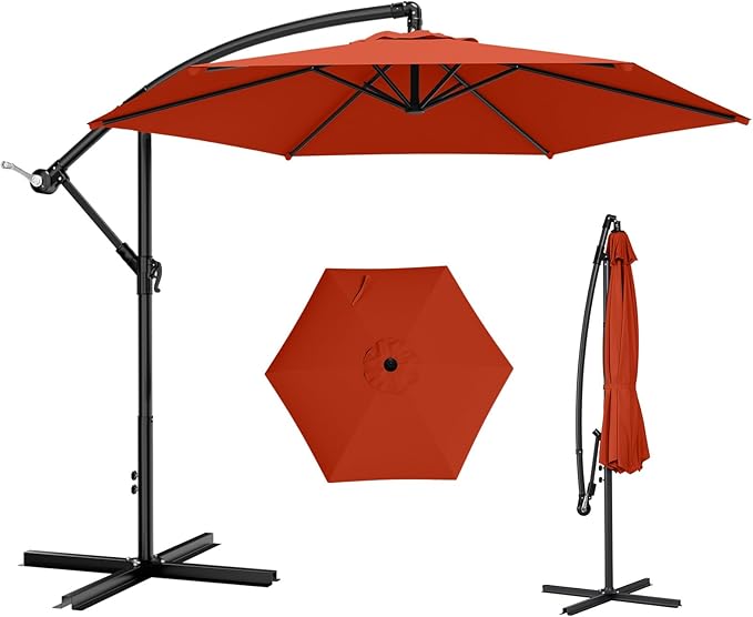 AreShark 10FT Patio Outdoor Umbrella, Offset Patio Umbrella Cantilever Umbrella, 6 Sturdy Ribs, Easy Adjustment for Garden Market Pool with Cross Base (Orange)