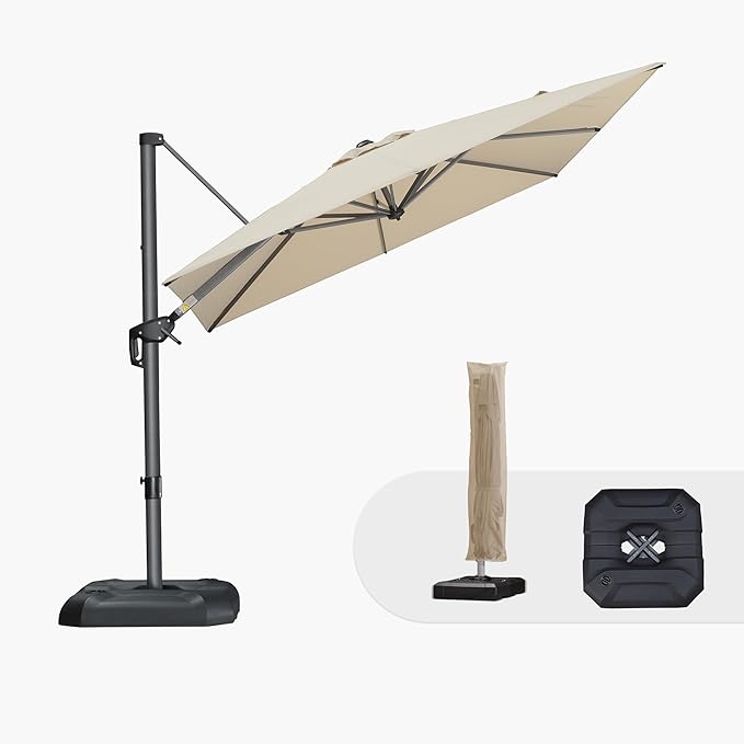 PURPLE LEAF 8'×8' Patio Cantilever Umbrella with Base Included Offset Outdoor Umbrella with Cover Square Outdoor Patios for Backyard Pool Garden Beige
