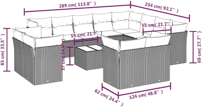 vidaXL Patio Sofa Set with Cushions 13 Piece, Sectional Sofa with Glass Table, Outdoor Conversation Set, Modern Style, Gray Poly Rattan