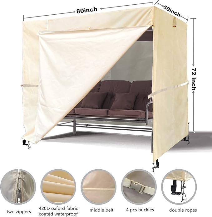 Ourdoor Swing Cove,3 Triple Seater Hammock Cover Garden Swing Cover Garden Hammock Glider Chair Cover Outdoor Swing Cover UV Resistant Swing Canopy Cover (80 * 59 * 72 inch) Beige