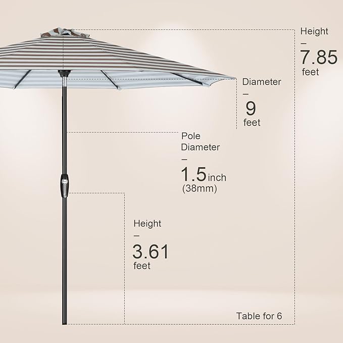 Tempera Patio Market Outdoor Table Umbrella with Auto Tilt and Crank, Large Sun Umbrella with Sturdy Pole & Fade Resistant Canopy, Easy to Set