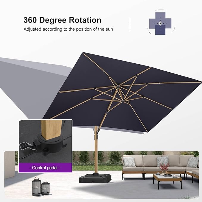 PURPLE LEAF 10' x 13' Rectangle Patio Cantilever Umbrella With Base Large Hanging Umbrella Teak Finished Aluminum Frame Windproof Offset Outdoor Sun Umbrellas for Beach Pool Deck, Navy Blue