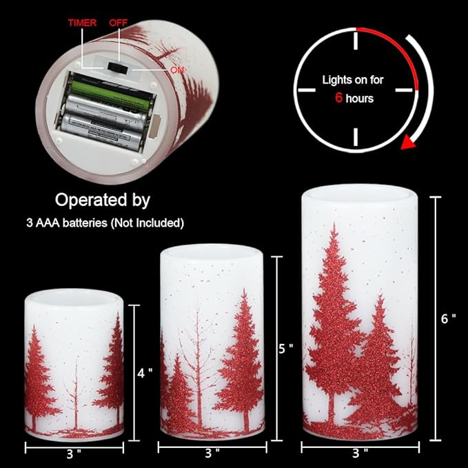 Wondise Flickering Flameless Candles with Timer, Battery Operated Real Wax Warm Light Red Christmas Tree Decal Candle for Home Decoration Christmas Gifts, Set of 3(D3 x H4/5/6 Inch)