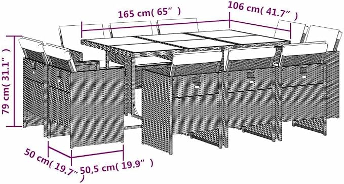 Gray 11 Piece Patio Dining Set with Cushions Poly Rattan Outdoor Table and 10 Chairs Foldable Space Saving for Garden Backyard Relaxation Tempered Glass Top UV Proof 242.5 lb Load Capacity