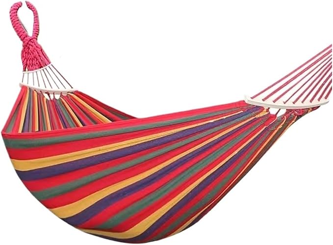 Canvas Hammock Outdoor Thickened Anti-Rollover Sleeping Swing Hanging Tree Camping(Bent Wood red S Hook)