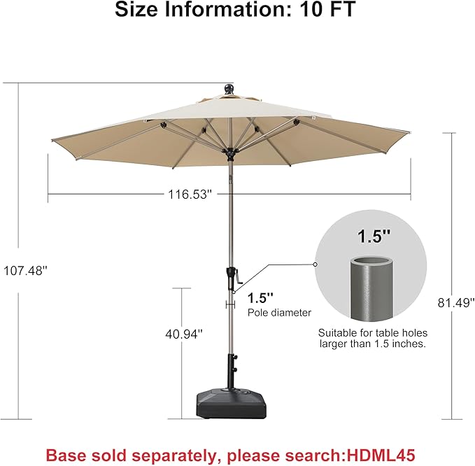 PURPLE LEAF 10' Round Patio Umbrella with Tilt Adjustment, Outdoor Table Umbrella Champagne Aluminum Frame, Market Umbrella Pool Umbrella for Deck Garden, Patio, or Poolside