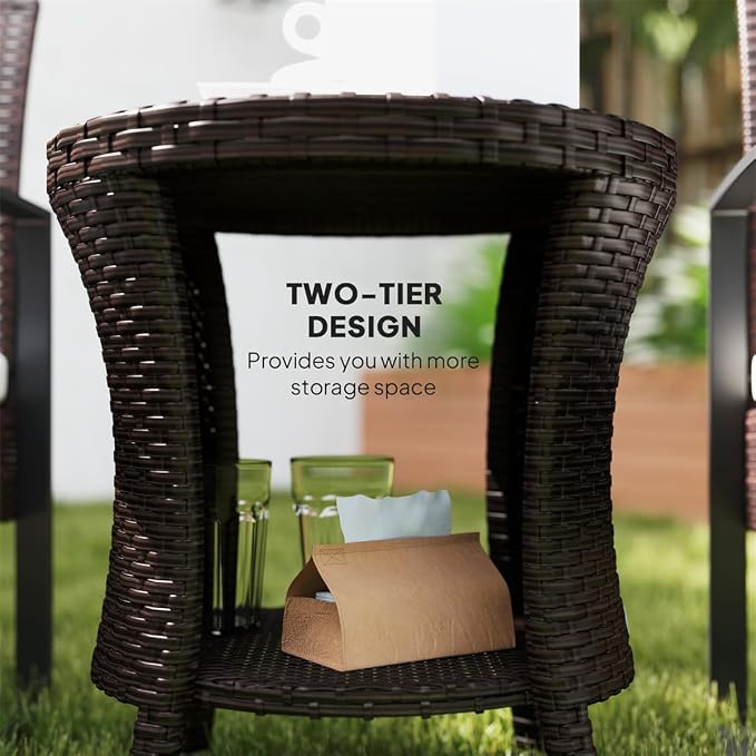Outdoor Wicker Side Table Hourglass Shape Rattan Patio Table with Storage Shelf, All-Weather for Outside Patio, Porch, Garden, Brown