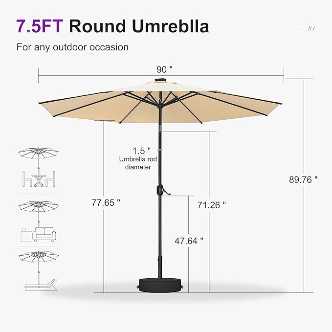 PURPLE LEAF 7.5' Round Patio Umbrella with Solar LED Outdoor Table Umbrella Aluminum Frame Market Umbrella with 8 Sturdy Ribs & Tilt for Garden Deck Lawn Pool Beige