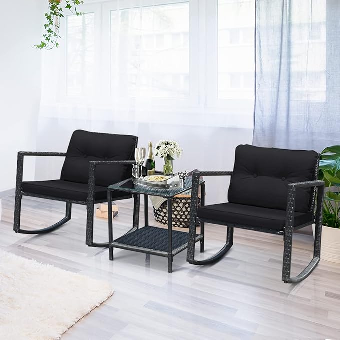 Tangkula 3 Pieces Patio Wicker Rocking Bistro Set, Outdoor Rocking Chair Furniture Set w/Cushioned Seat, Conversation Set w/Glass Coffee Table and Storage Shelf (Black)