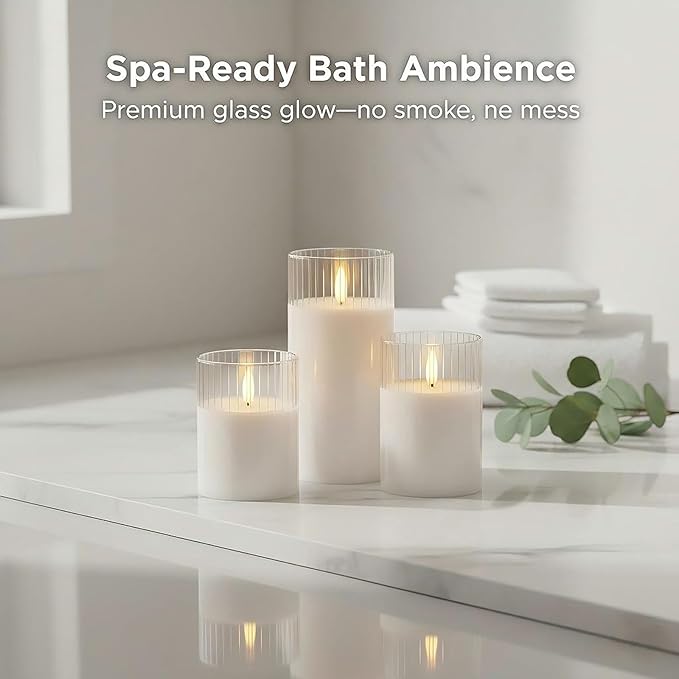 ANGELLOONG White Flameless Candles with Timer, Glass Flickering LED Candle with Remote, Set of 3 Battery Operated Pillar Candles for Bathroom Bathtub Home Decor Wedding Birthday Decoration