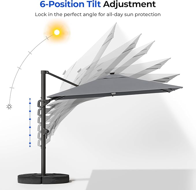 HOMSHADE 10 ft Square Cantilever Patio Umbrella with Base Included, Solar Lights Large Umbrella Outdoor Patio with 360°Rotation&Tilting, LED Lighted Offset Umbrellas w/Stand for Pool Deck
